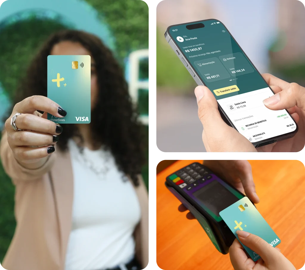 Mulher segurando um cartão de multibeneficios da Emirates Baas Bank